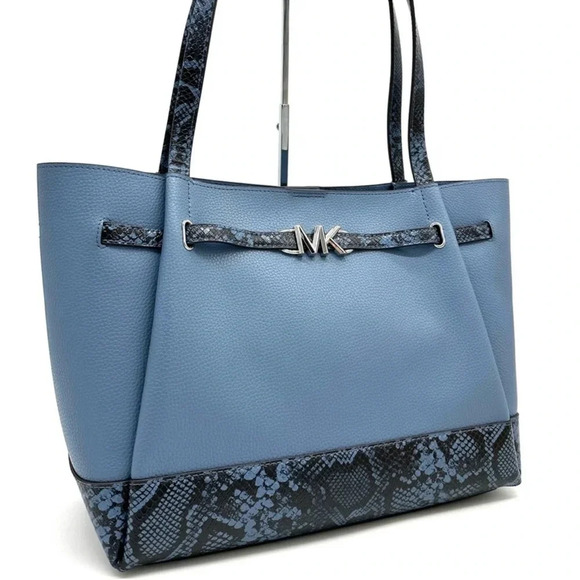 Michael Kors Reed Large Tote Bag Denim Snakeskin Blue - Picture 1 of 11